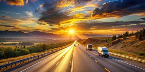 Obraz premium Scenic highway with vehicles bathed in golden evening light, Aerial view, Trucks, Cars, Asphalt, Motorway, Winding, Countryside