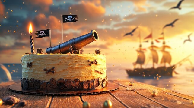 A pirate-themed cake with a cannon and flags, set against a sunset and a sailing ship.