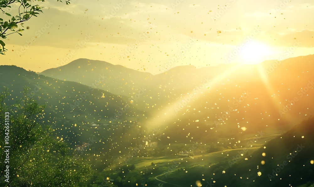 Poster a serene landscape at sunrise, featuring gentle mountains and sparkling light rays illuminating floa