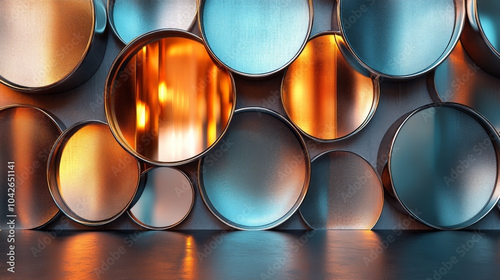 Aufkleber circular metal panels create an artistic display on a wall, featuring a mixture of vibrant colors an