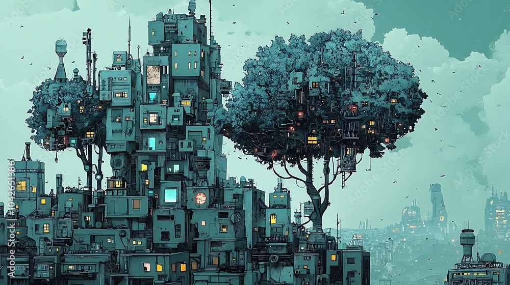 Poster a futuristic cityscape exploring the harmony of urban life where machines flourish like trees in a g