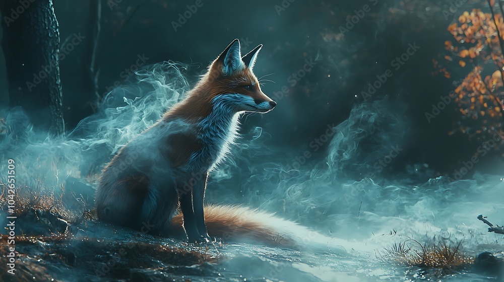 Poster mystical fox amidst enigmatic mist the enchantment of nature's transformative wonders at dusk