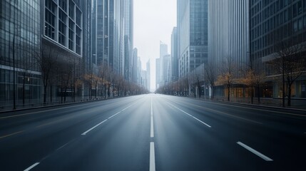 Obraz premium Empty city street with tall buildings on either side, receding into the fog.