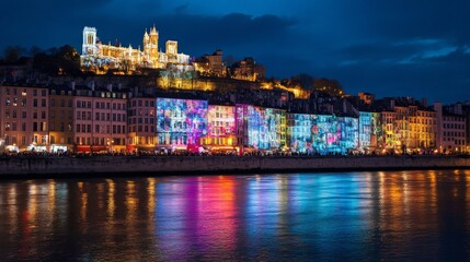 Fototapeta premium A city-wide illumination event in Lyon, where the entire city is bathed in lights, with creative displays and projections celebrating the festival cultural significance.