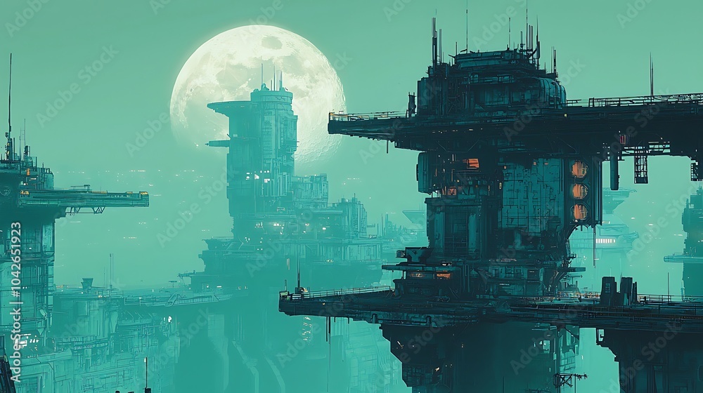 Poster Exploring a futuristic cityscape where towering structures emerge like wolves howling under a mystical moonlight