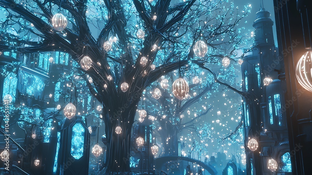 Poster Exploring a futuristic city where mechanical trees illuminate the night sky with enchanted lanterns and radiant technology
