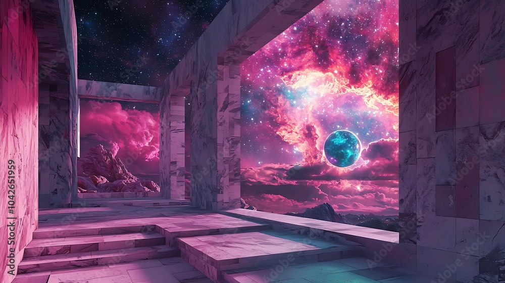 Poster exploring a futuristic urban landscape with cosmic views framed by architectural wonders and etherea