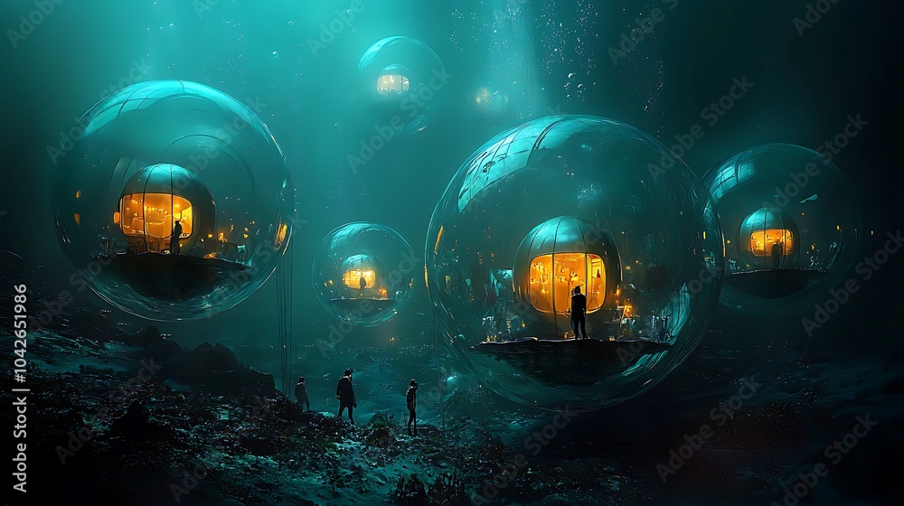 Poster exploring a mystical underwater world a giant bubble forest at ocean depths where people interact wi