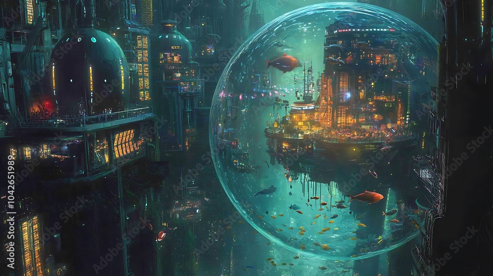 Poster exploring the vibrant depths of a futuristic underwater metropolis illuminated by glowing structures