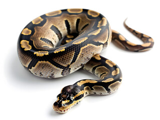 close-up of ball python coiled on white background