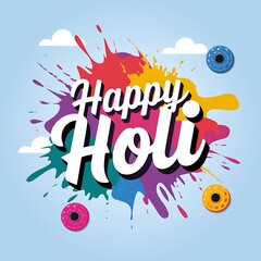 Colorful Paint Splashes with "Happy Holi" Text and Circular Objects