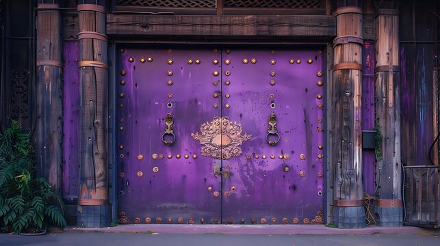 A vibrant purple door studded with vintage copper hardwar and large wood supports