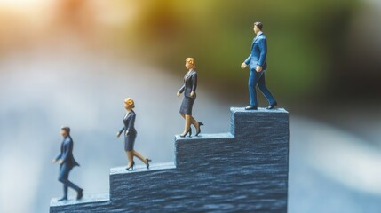 Sustainable growth, long term success or growing business with winning strategy, improvement or steps to team success, productivity concept, business people employee step up sustained growth arrow