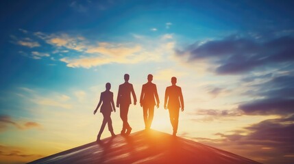 Sustainable growth, long term success or growing business with winning strategy, improvement or steps to team success, productivity concept, business people employee step up sustained growth arrow