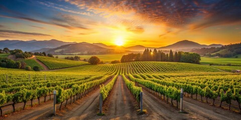 Vineyards in Napa Valley bathed in the colorful hues of a spring sunset , Napa Valley, wine country, vineyards