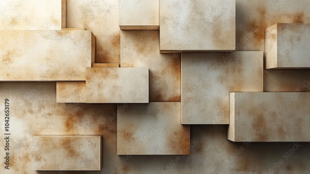Poster this artwork showcases a textured wall featuring layered rectangular shapes in neutral and earthy to
