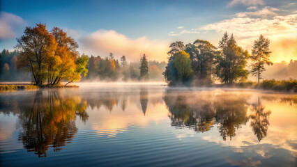 Fototapeta premium sunrise over the river. water, lake, landscape, nature, autumn, river, tree, reflection, sky, trees, fall, blue, forest, pond, park, season, spring, clouds, yellow, leaf, beautiful, green, grass, outd