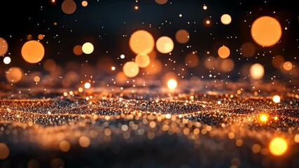 Golden sparkles illuminate a dark background with out-of-focus lights creating a magical, festive atmosphere