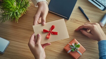 Two hands exchanging a gift card with a red bow, surrounded by decorations, a small gift box, and a green plant on a wooden table.