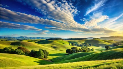 Obraz premium Serene landscape with rolling green hills and bright blue sky with clouds , nature, serene, landscape, hills, green