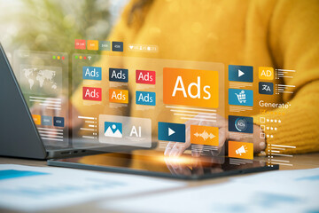Businesswoman doing digital marketing and online advertising to target customers. Online sales...