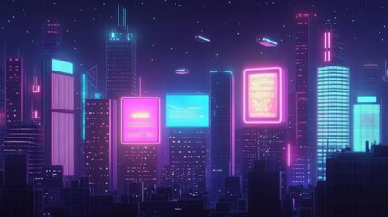 Neon Cityscape Background, Futuristic Urban Skyline with Bright Lights