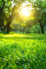Naklejka premium Natural grass field lawn background with blurred bokeh and sunlight