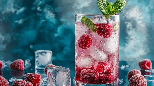 A glass of refreshing raspberry lemonade with ice and mint sits on a table with fresh raspberries