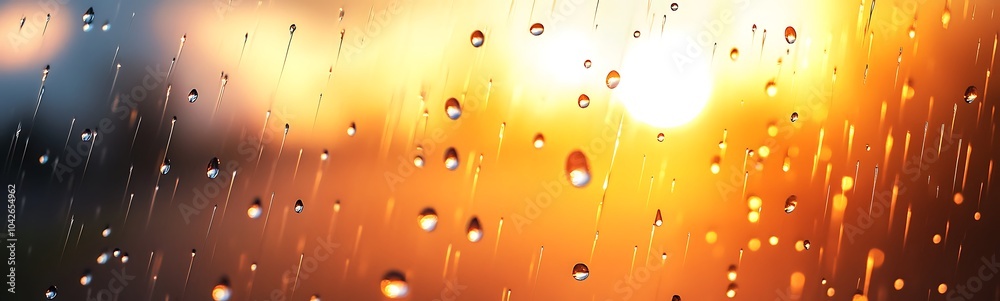 Poster a close-up view of water droplets on a window, with a warm, glowing sunset blurred in the background