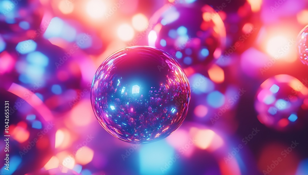 Poster colorful, abstract spheres glimmer against a vibrant, glowing background, creating a dynamic and fut