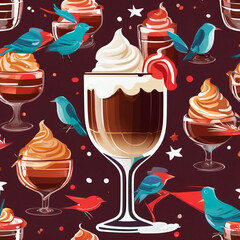 Delight in this whimsical pattern featuring colorful birds and delicious desserts, including ice cream and coffee drinks, set against rich backdrop