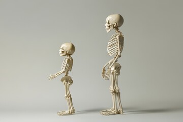 A child’s skeleton shown in a side-by-side comparison with an adult’s skeleton, emphasizing growth, development, and anatomical changes over time. Ideal for educational and medical imagery