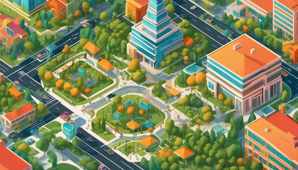 vibrant cityscape featuring modern buildings, green parks, and busy streets. scene captures essence of urban life with people enjoying recreational spaces and well planned architecture