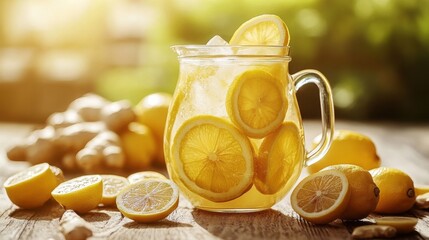 Pitcher of Lemonade with Lemon Slices and Ice on Wooden Table