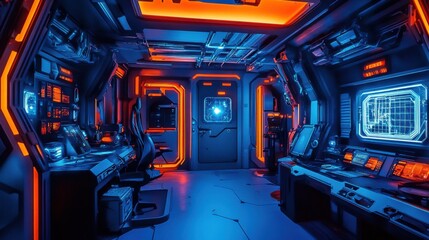 Futuristic Control Room Interior with Neon Lights