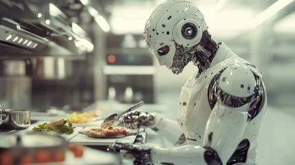 Fototapeta premium An android chef prototype, humanoid form with culinary skills and kitchen tools, High-tech style