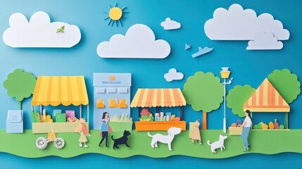 Obraz premium A vibrant paper-cut scene of a market with people, animals, and stalls.