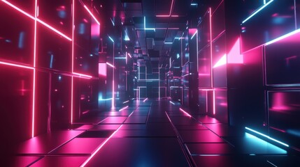 Neon Lights Corridor, Futuristic Abstract Background