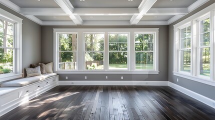 Interior of large sunroom, white windows, gray walls, dark wood floors, window seat, beamed white ceiling, home decor.