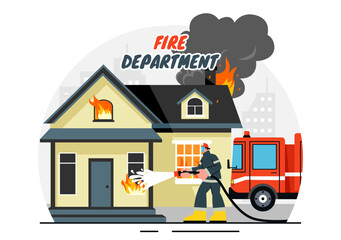 Naklejka premium Fire Department Vector Illustration featuring Firefighters Extinguishing House Fires and Rescuing People in Various Situations with a Flat Background