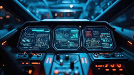 Naklejka premium Futuristic spaceship cockpit dashboard with illuminated screens and control panel
