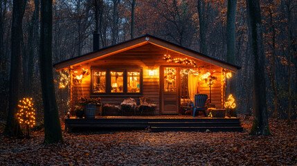 A picturesque wooden cabin in the woods, adorned with Thanksgiving decorations and lights.