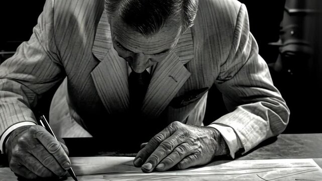A man in a suit sketches on a large sheet of paper, bent over his work in a focused manner