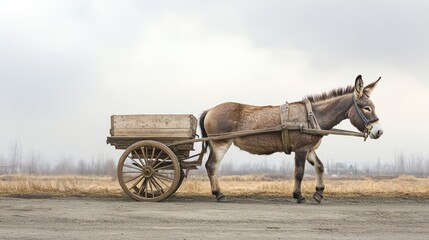 Fototapeta premium A donkey pulling a wooden cart along a rural path under a cloudy sky.
