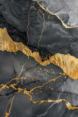Fototapeta premium Abstract landscape featuring grey, black, and gold marble-style mountains