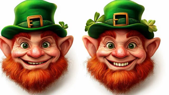 Two smiling leprechauns with green hats and red beards