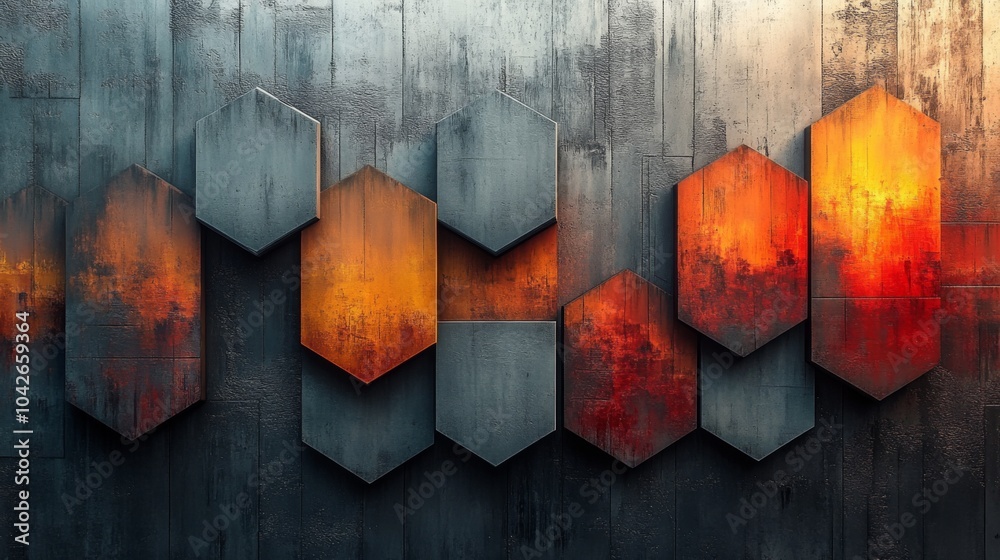 Fototapete This artwork showcases an arrangement of hexagonal panels in shades of gray and orange, creating a striking visual impact on a textured surface in a contemporary setting.