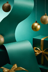 An opulent emerald backdrop with a Christmas motif, showcases empty product display stands adorned...