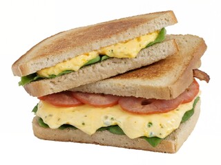 Fresh egg and ham sandwich with creamy cheese spread on toasted bread