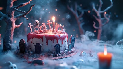 A spooky cake adorned with skulls and tombstones, set in a misty, eerie environment.